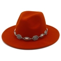 Classic bright orange wool fedora hat with vintage western style silver metal band decoration - One Size / Dark Orange