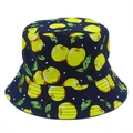 Reversible cotton bucket hat with yellow strawberry fruit print on deep blue fabric - One Size / Navy Blue Apple Style