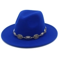 Close-up detail of a bright blue fedora jazz hat with a stylish silver metal chain band - One Size / Sapphire Blue