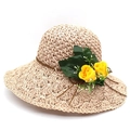 Beige wide brim raffia sun hat with yellow rose and green leaves decoration - M (56-58cm) / Pink with Yellow Flower