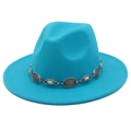 Detailed view of the teal wool fedora hat featuring an ethnic style metal chain band - One Size / Sky Blue