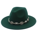 Detailed view of the dark green fedora hat featuring a vintage silver metal chain buckle - One Size / Dark Green
