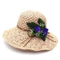 Beige raffia sun hat for women featuring purple rose flower accents and woven brim - M (56-58cm) / Pink And Purple Flower