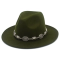 Detail of olive green fedora hat featuring a vintage silver metal chain link decoration - One Size / Army Green