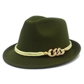 Detailed close-up of dark green fedora hat with gold chain links and woven rope trim - Army Green