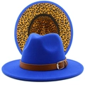 Royal blue wool fedora hat with brown leather belt and leopard print lining detail - Sapphire Blue