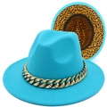 Sky blue wool felt fedora hat with gold chunky chain and leopard print brim detail - Sky Blue