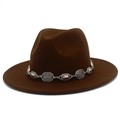 Detailed view of dark brown fedora hat featuring a stylish silver metal decorative chain - One Size / Coffee