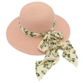 Elegant wide brim straw sun hat for women with a floral chiffon ribbon in dusty pink - Pink