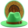 Bright green wool fedora hat with leopard print lining and brown leather belt buckle - Green