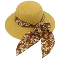 Elegant women straw sun hat with floral chiffon ribbon bow for summer beach vacation - Khaki