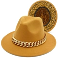 Detail of mustard yellow fedora with bold gold chain and leopard print lining - Khaki