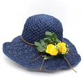 Dark blue woven raffia sun hat featuring yellow roses and green leaves decoration - M (56-58cm) / Navy Blue And Yellow Flower