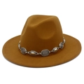 Detailed view of brown fedora hat with vintage silver metal chain and bohemian carvings - One Size / Brown