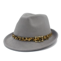 Classic grey wool fedora hat with leopard print belt and gold buckle for winter fashion - Gray