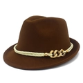 Detailed close-up of dark brown wool fedora hat with beige rope and gold chain link - Coffee