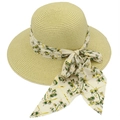 Elegant wide brim sun hat for women with floral ribbon bow on plain white background - Beige