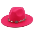 Detailed shot of fuchsia fedora hat with vintage bohemian style metal buckle chain decoration - One Size / Rose Red