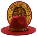 Detail of red fedora hat featuring a brown leather belt and leopard print lining - Burgundy