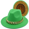 Green wool jazz fedora hat with gold chain and leopard print lining on white background - Green