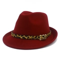 Detail of burgundy wool fedora featuring a leopard print band and gold buckle - Burgundy