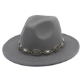 Detail showing the gray wool fedora hat with a vintage silver metal decorative chain band - One Size / Gray