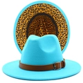 Teal blue wool fedora hat with leopard print underbrim and brown leather band - Sky Blue