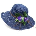 Elegant navy blue raffia sun hat with floral decor and wide brim for summer travel - M (56-58cm) / Navy Blue And Purple Flower