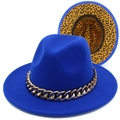 Detail of wool fedora with gold chain and yellow leopard print lining inside - Sapphire Blue