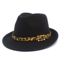 Detailed close-up of the leopard print band and golden buckle on a black felt fedora hat - Black