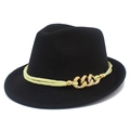 Classic black wool fedora hat with double-strand twisted rope and gold chain buckle - Black