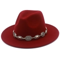 Detail of burgundy wool fedora featuring a vintage silver metal chain accent - One Size / Burgundy