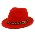 Classic red wool fedora hat with leopard print belt and golden buckle for fashion styling - Red
