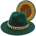 Detailed macro view of dark green wool fedora with bold gold Cuban link chain accessory - Dark Green