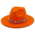 Close-up of orange wool fedora hat with vintage silver bohemian metal chain detail - One Size / Orange