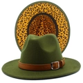 Detail of green fedora hat showing yellow leopard print underbrim and leather strap - Army Green