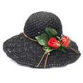 Black raffia sun hat with wide brim featuring red rose and floral accents for summer - M (56-58cm) / Black With Red Floral