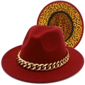 Detail of burgundy fedora with chunky gold chain and leopard print brim underside - Burgundy