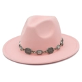 Detail of pink wool fedora hat with a vintage silver metal decorative buckle band - One Size / Pink