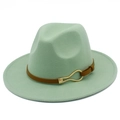 Close-up of mint green wide brim fedora hat featuring a brown belt with gold metal buckle - Mint Green