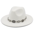 Detailed view of white wool fedora hat featuring an ornate vintage silver metal band - One Size / White