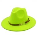 Detail of neon green wide brim fedora with brown leather band and gold metal buckle - Neon Yellow