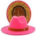 Detail of pink fedora with leopard print brim underside and brown leather belt buckle - Rose Red