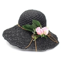 Women's black raffia sun hat with pink faux rose and bow detail for summer - M (56-58cm) / Black with Pink Flower