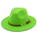 Detail view of neon green fedora hat featuring a brown leather band and gold metal buckle - Fluorescent Green
