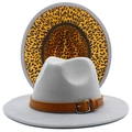 Detail of wide brim fedora hat showing grey felt texture and leopard print lining - Gray