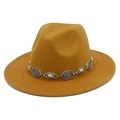 Close-up of ginger wool fedora hat featuring a vintage engraved silver metal chain band - One Size / Khaki