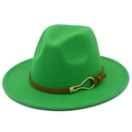 Detail of green fedora hat with brown leather band and gold buckle on white background - Grass Green