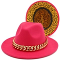 Fuchsia wool jazz fedora hat with chunky gold metal chain and leopard print lining - Rose Red