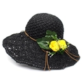 Black wide-brim raffia sun hat with yellow floral accents for summer beach vacation - M (56-58cm) / Black And Yellow Flower